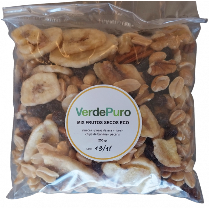 Mix de Frutos Secos Eco Nueces, Pasas morochas, Mani, Chips de banana, Almendras Puro Verde 250 gr