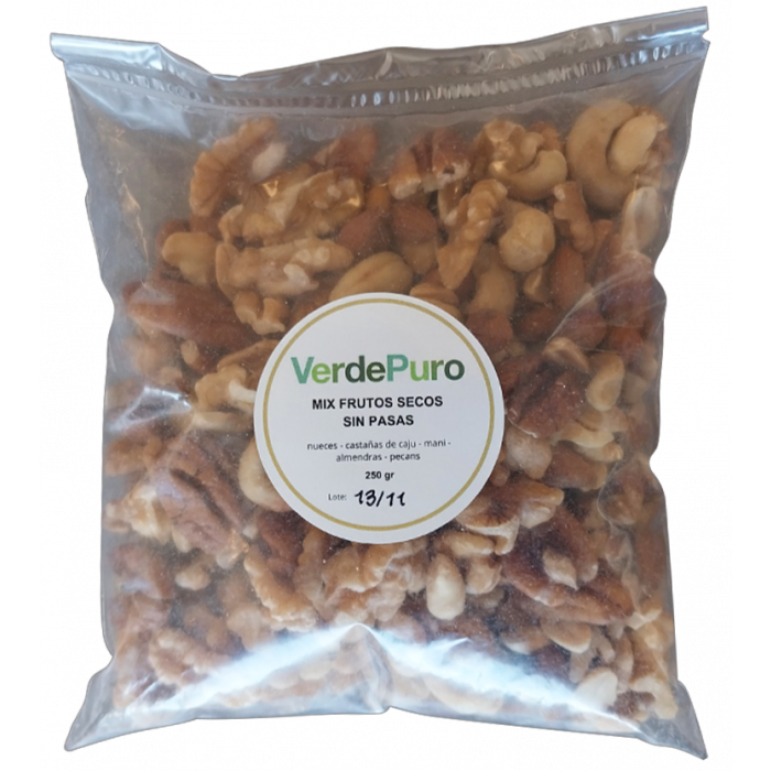 Mix de Frutos Secos Sin Pasas Almendra, Mani, Nueces,Castañas de Caju, Pecans PURO VERDE 250 gr