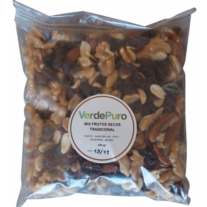 Mix de Frutos Secos Tradicional Pecans, Almendras, Nueces, Pasas, Mani Tostado PURO VERDE 250 gr